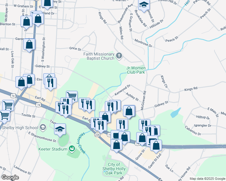 map of restaurants, bars, coffee shops, grocery stores, and more near 107 Kenwood Drive in Shelby