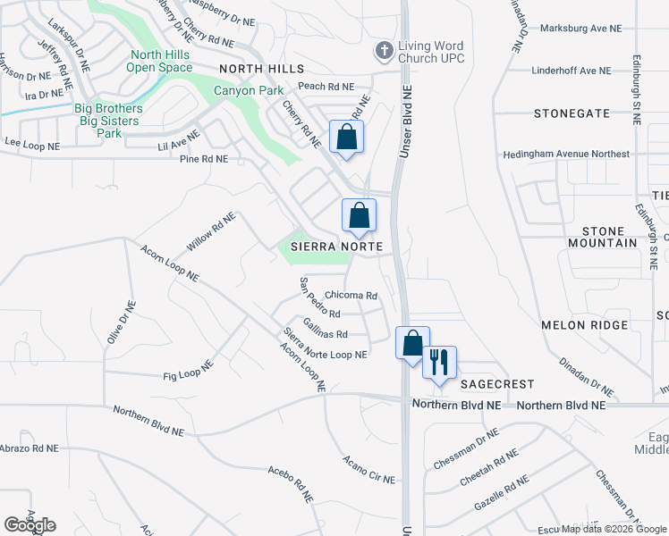 map of restaurants, bars, coffee shops, grocery stores, and more near 1501 San Pedro Road in Rio Rancho