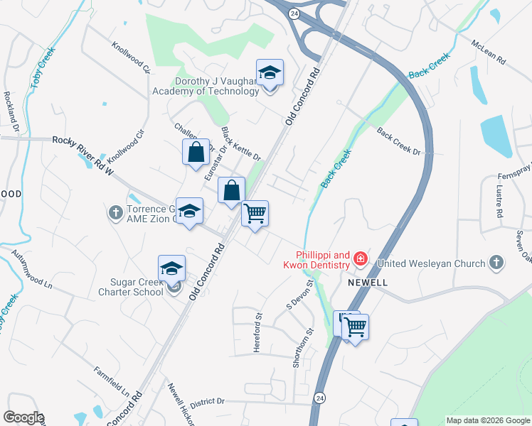map of restaurants, bars, coffee shops, grocery stores, and more near 1701 Rocky River Road in Charlotte
