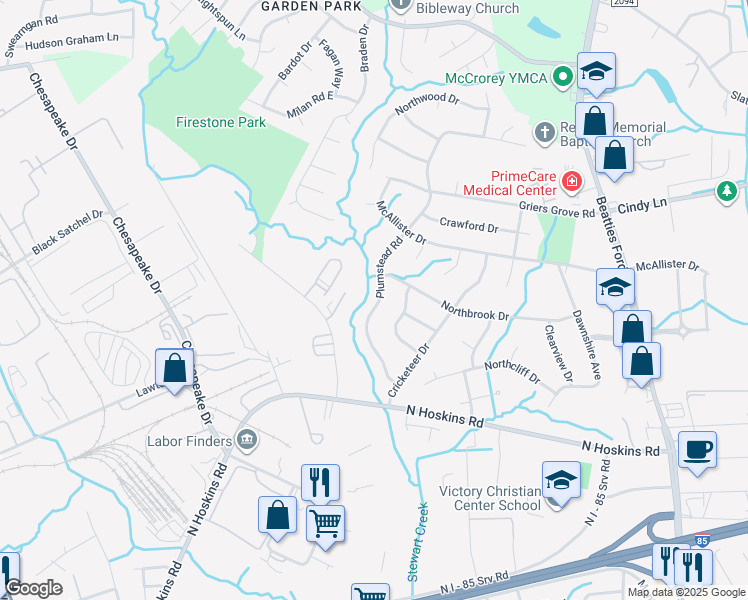 map of restaurants, bars, coffee shops, grocery stores, and more near 1426 Plumstead Road in Charlotte