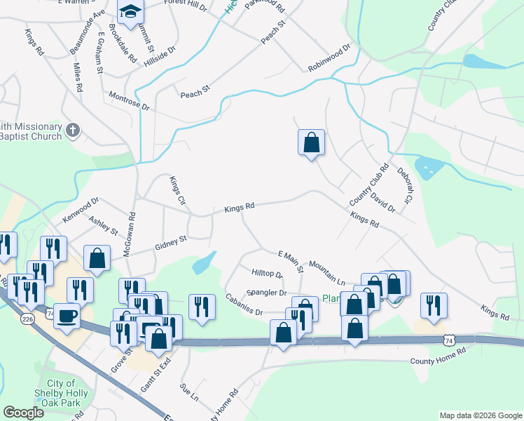 map of restaurants, bars, coffee shops, grocery stores, and more near 1542 Kings Road in Shelby