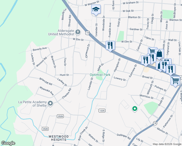 map of restaurants, bars, coffee shops, grocery stores, and more near 518 Leander Street in Shelby