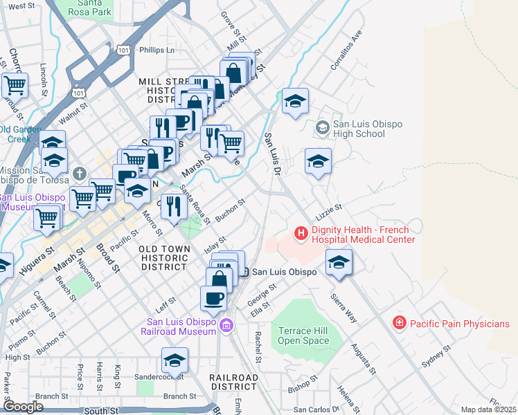 map of restaurants, bars, coffee shops, grocery stores, and more near 1563 Penny Lane in San Luis Obispo