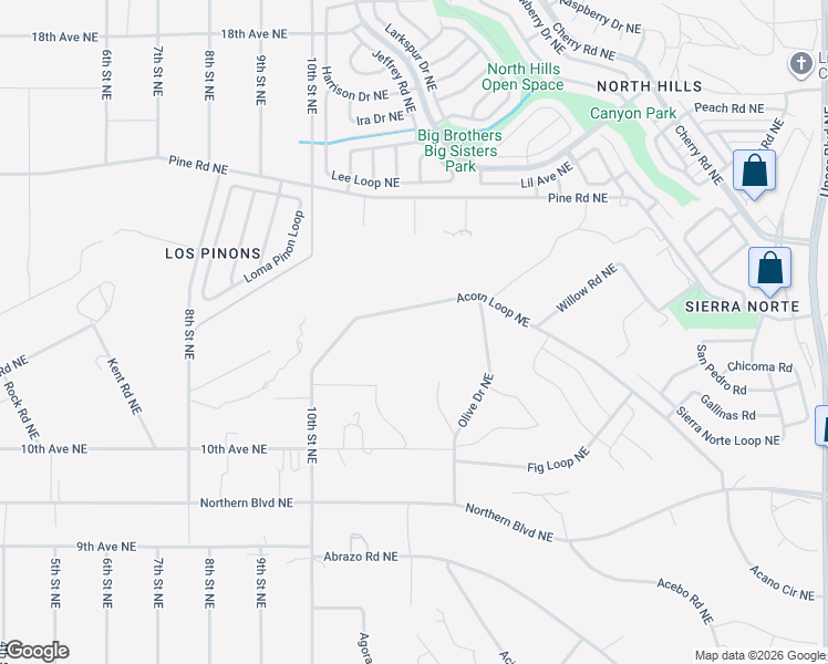 map of restaurants, bars, coffee shops, grocery stores, and more near 1124 Acorn Loop Northeast in Rio Rancho