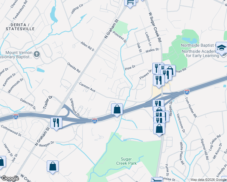 map of restaurants, bars, coffee shops, grocery stores, and more near 1631 Oneida Road in Charlotte