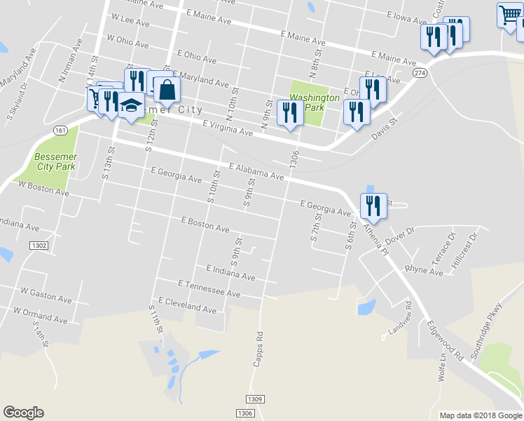 map of restaurants, bars, coffee shops, grocery stores, and more near 407 East Louisiana Avenue in Bessemer City