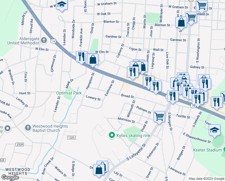 map of restaurants, bars, coffee shops, grocery stores, and more near 616 Broad Street in Shelby