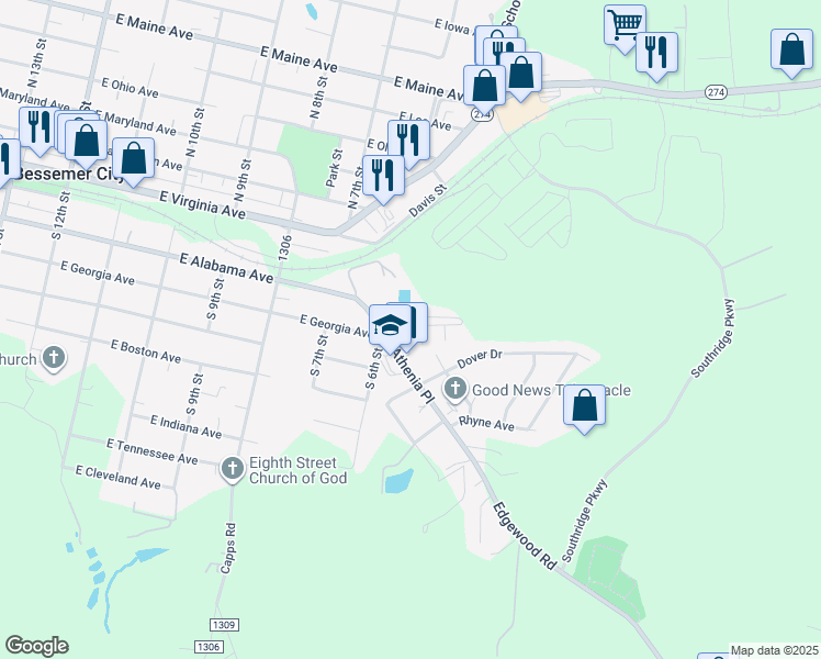 map of restaurants, bars, coffee shops, grocery stores, and more near 903 Cherry Street in Bessemer City