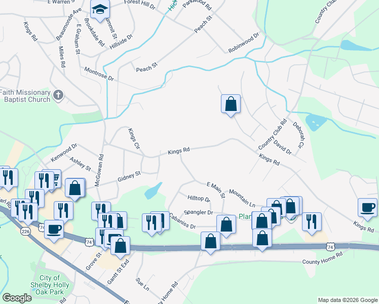 map of restaurants, bars, coffee shops, grocery stores, and more near 1542 Kings Road in Shelby