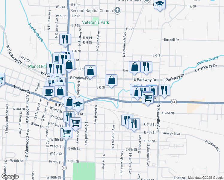 map of restaurants, bars, coffee shops, grocery stores, and more near 205 North Frankfort Avenue in Russellville