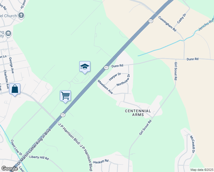 map of restaurants, bars, coffee shops, grocery stores, and more near 1101-1139 Harper Drive in Kinston