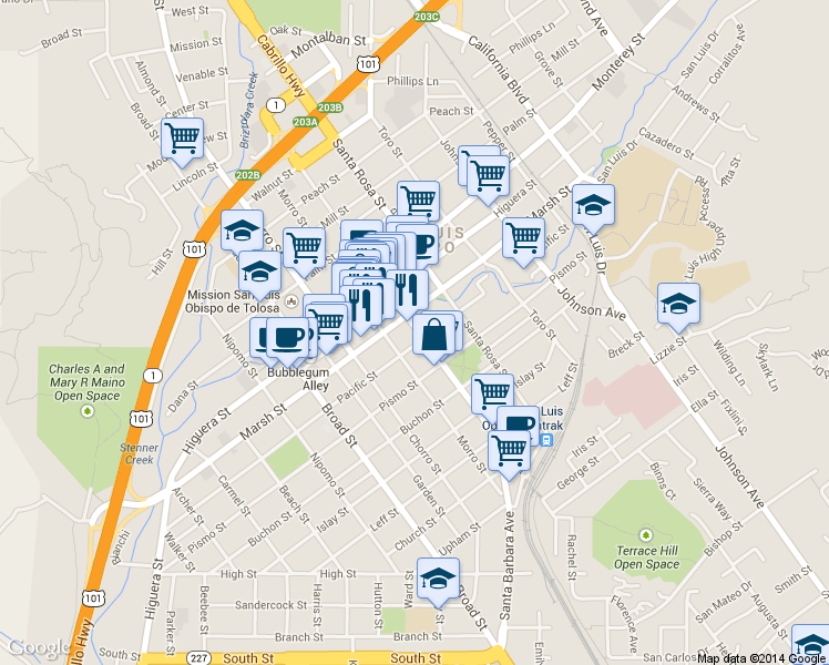 map of restaurants, bars, coffee shops, grocery stores, and more near 1239 Osos St in San Luis Obispo