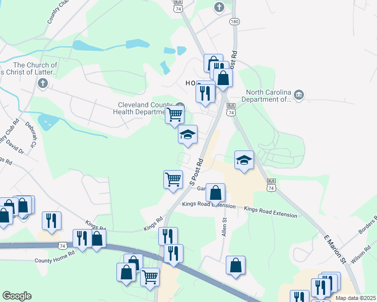 map of restaurants, bars, coffee shops, grocery stores, and more near 220 South Post Road in Shelby