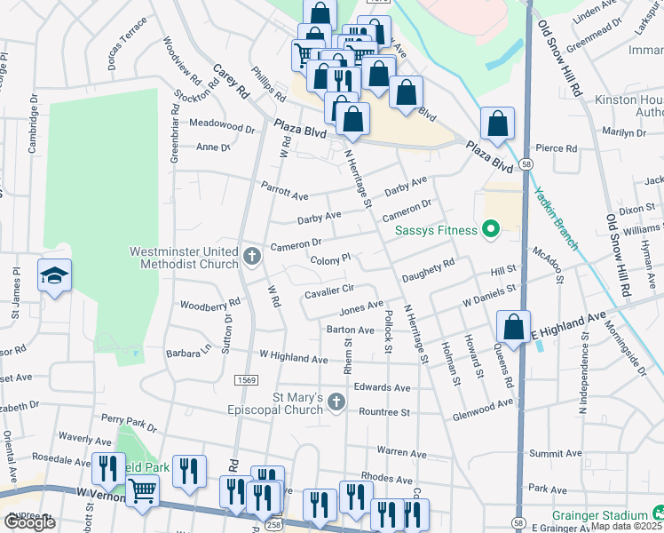 map of restaurants, bars, coffee shops, grocery stores, and more near 754 Colony Place in Kinston