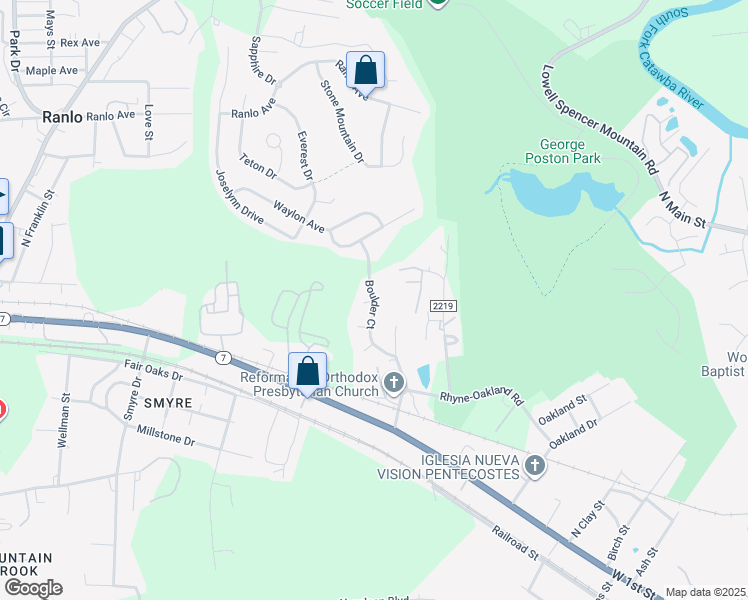 map of restaurants, bars, coffee shops, grocery stores, and more near 2001 River Crest Court in Gastonia