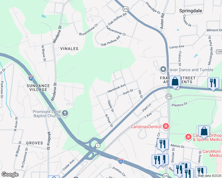 map of restaurants, bars, coffee shops, grocery stores, and more near 1810 Hemlock Avenue in Gastonia