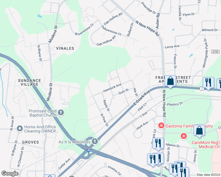 map of restaurants, bars, coffee shops, grocery stores, and more near 701 North McFarland Street in Gastonia