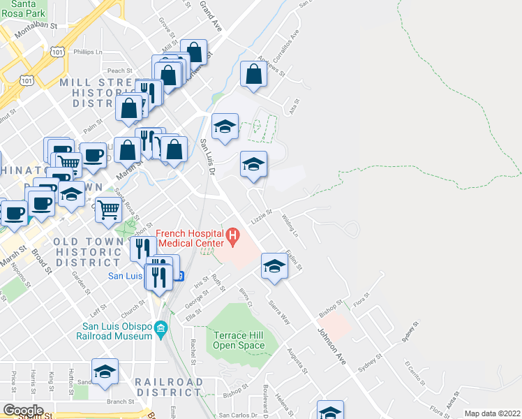 map of restaurants, bars, coffee shops, grocery stores, and more near 1760 Fixlini Street in San Luis Obispo