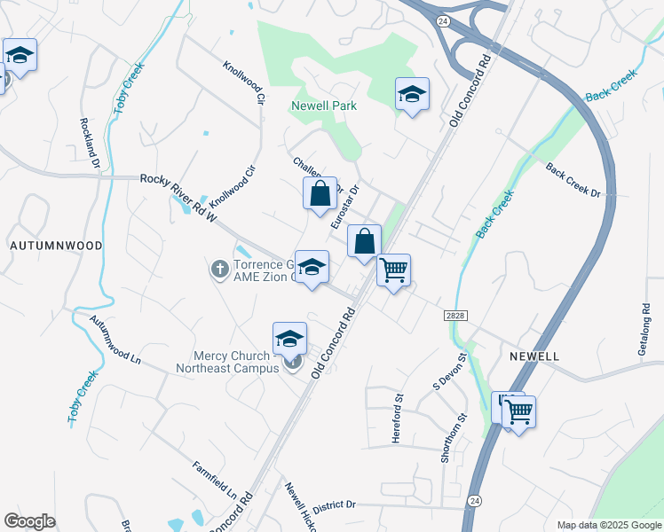 map of restaurants, bars, coffee shops, grocery stores, and more near 1501 Rocky River Road West in Charlotte
