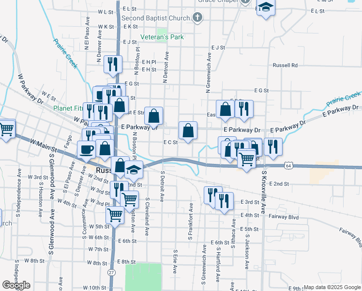 map of restaurants, bars, coffee shops, grocery stores, and more near 205 North Frankfort Avenue in Russellville