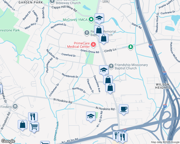 map of restaurants, bars, coffee shops, grocery stores, and more near 3311 Dawnshire Avenue in Charlotte