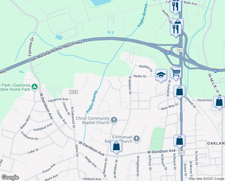 map of restaurants, bars, coffee shops, grocery stores, and more near 1041 Sims Circle in Gastonia