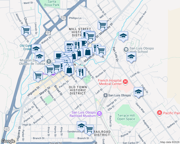 map of restaurants, bars, coffee shops, grocery stores, and more near 1338 Santa Rosa Street in San Luis Obispo