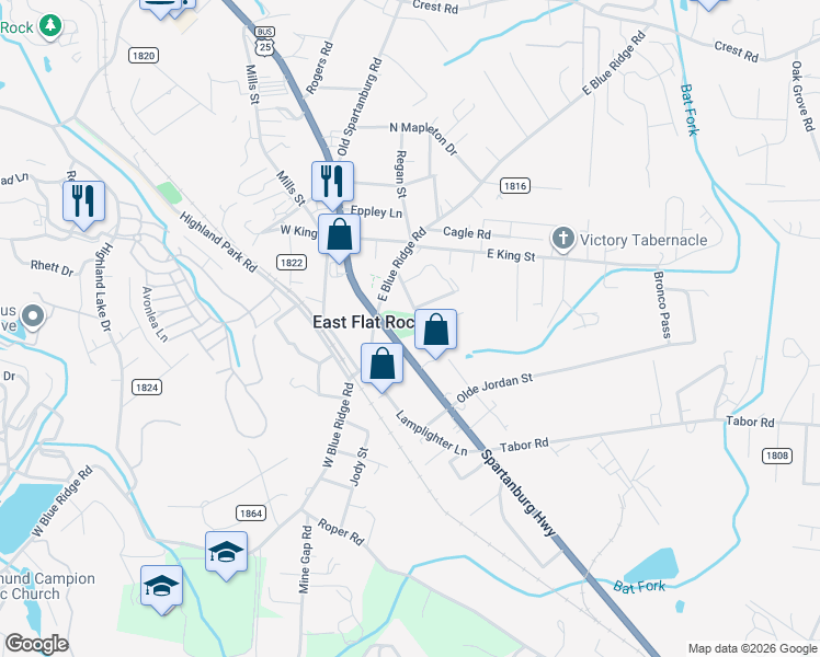 map of restaurants, bars, coffee shops, grocery stores, and more near in East Flat Rock