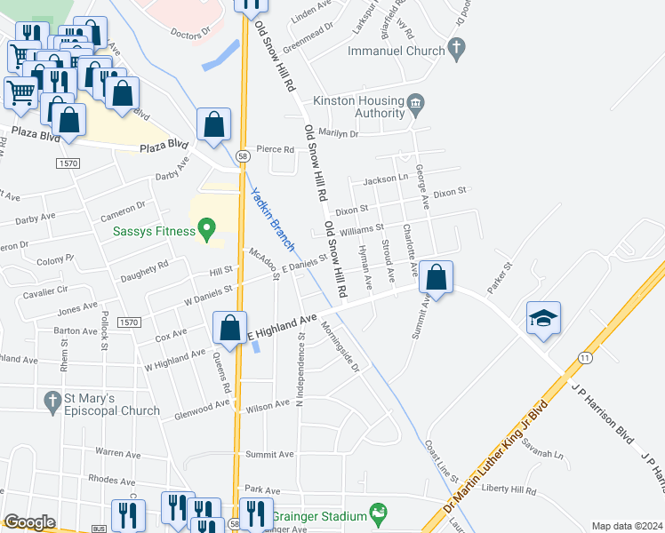 map of restaurants, bars, coffee shops, grocery stores, and more near 1502 Old Snow Hill Road in Kinston