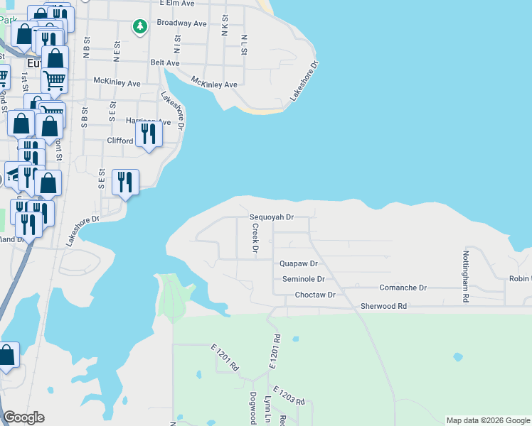 map of restaurants, bars, coffee shops, grocery stores, and more near 612 Sequoyah Drive in Eufaula