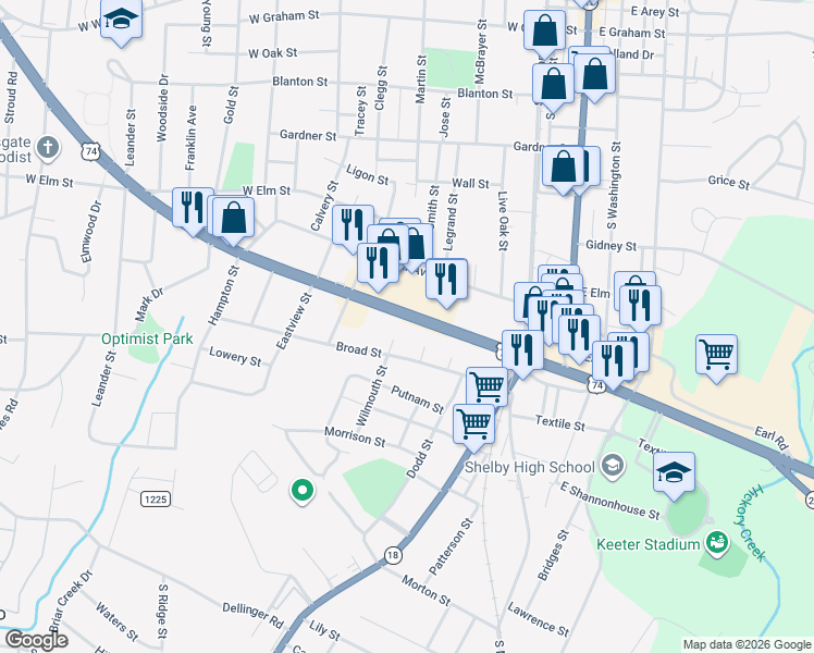 map of restaurants, bars, coffee shops, grocery stores, and more near 221 U.S. 74 in Shelby