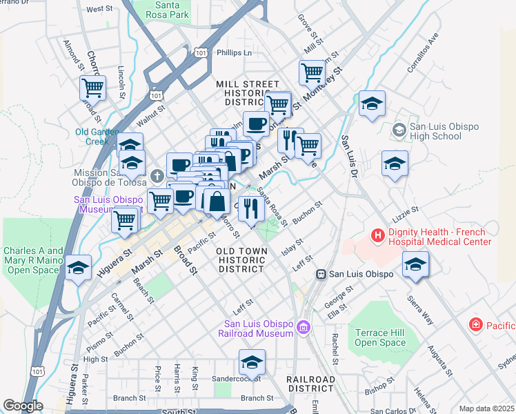 map of restaurants, bars, coffee shops, grocery stores, and more near 1043 Pacific Street in San Luis Obispo