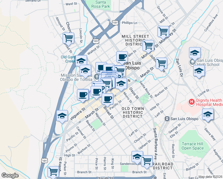 map of restaurants, bars, coffee shops, grocery stores, and more near 851 Higuera Street in San Luis Obispo