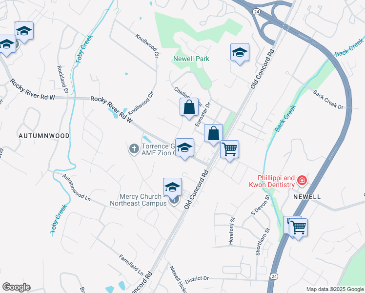 map of restaurants, bars, coffee shops, grocery stores, and more near 1409 Rocky River Road West in Charlotte