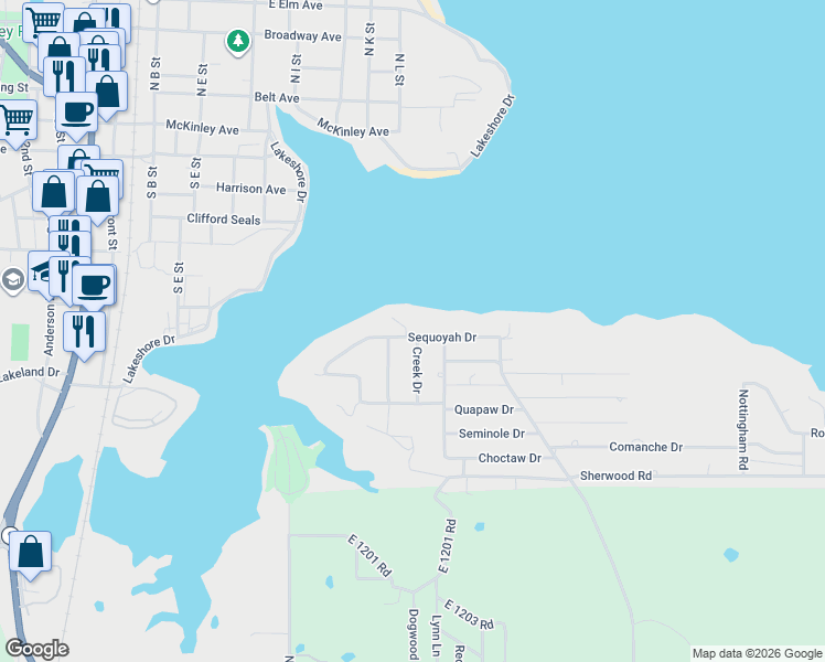 map of restaurants, bars, coffee shops, grocery stores, and more near 612 Sequoyah Drive in Eufaula