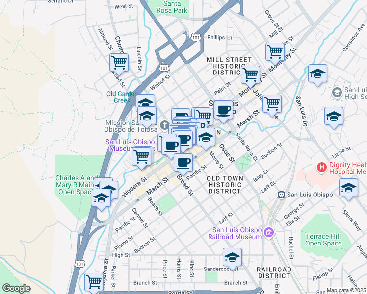 map of restaurants, bars, coffee shops, grocery stores, and more near 796 Higuera Street in San Luis Obispo