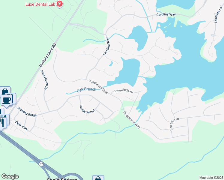 map of restaurants, bars, coffee shops, grocery stores, and more near 21 Pinewinds Drive in Sanford