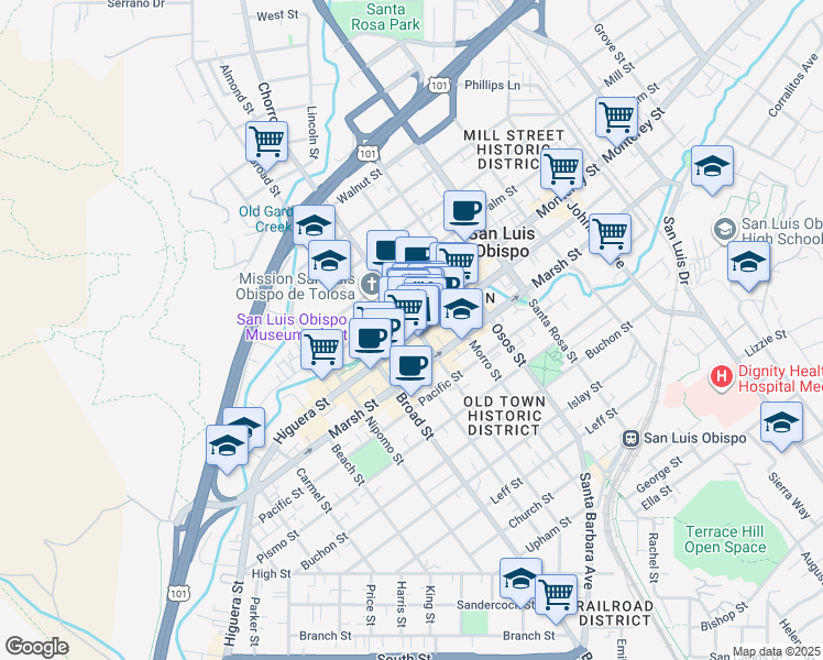 map of restaurants, bars, coffee shops, grocery stores, and more near 796 Higuera Street in San Luis Obispo