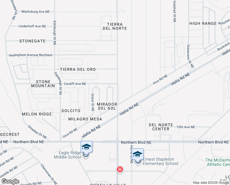 map of restaurants, bars, coffee shops, grocery stores, and more near 1267 Mirador Loop North East in Rio Rancho