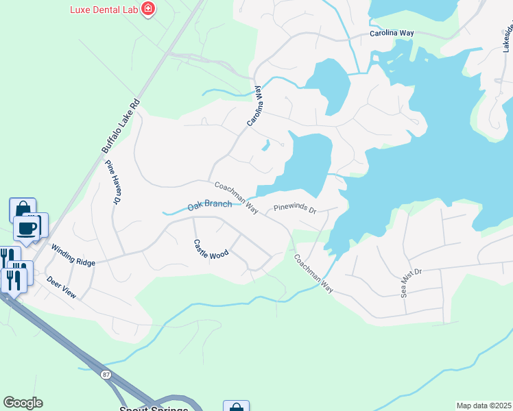 map of restaurants, bars, coffee shops, grocery stores, and more near 573 Coachman Way in Sanford