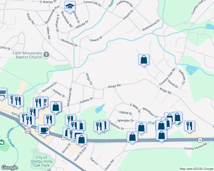 map of restaurants, bars, coffee shops, grocery stores, and more near 1525 Kings Road in Shelby