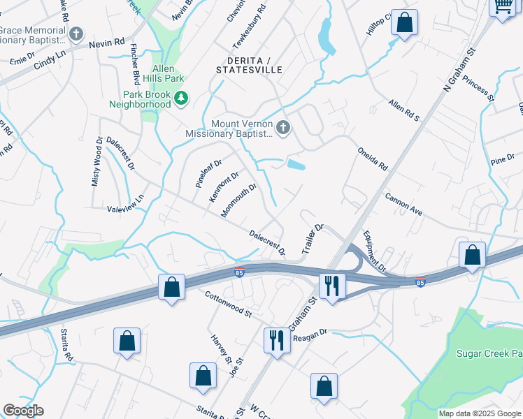 map of restaurants, bars, coffee shops, grocery stores, and more near 2723 Cedarhurst Drive in Charlotte