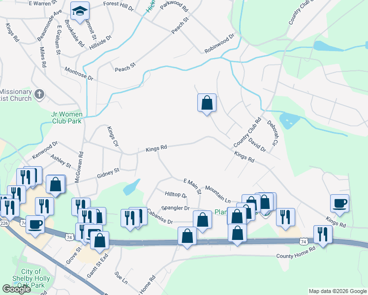map of restaurants, bars, coffee shops, grocery stores, and more near 1558 Kings Road in Shelby