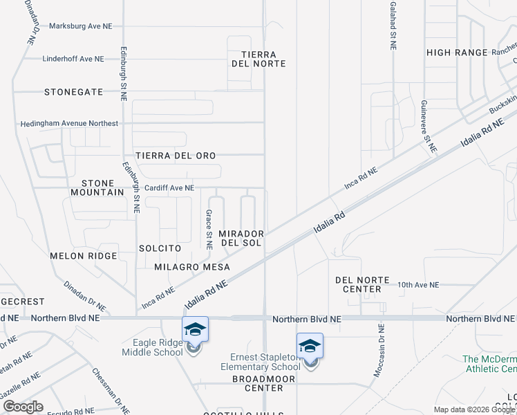 map of restaurants, bars, coffee shops, grocery stores, and more near 1267 Mirador Loop North East in Rio Rancho