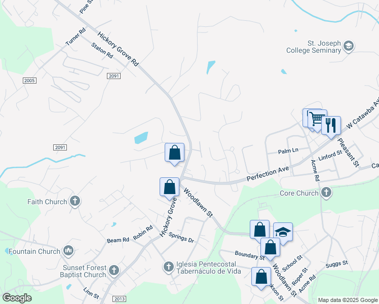 map of restaurants, bars, coffee shops, grocery stores, and more near 213 Hickory Grove Road in Gastonia