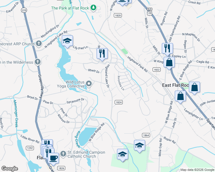 map of restaurants, bars, coffee shops, grocery stores, and more near 251 Lake Shore Drive in Flat Rock