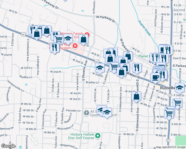 map of restaurants, bars, coffee shops, grocery stores, and more near 1401 West 2nd Place in Russellville