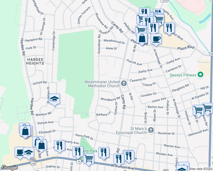 map of restaurants, bars, coffee shops, grocery stores, and more near 1108 Margaret Lane in Kinston