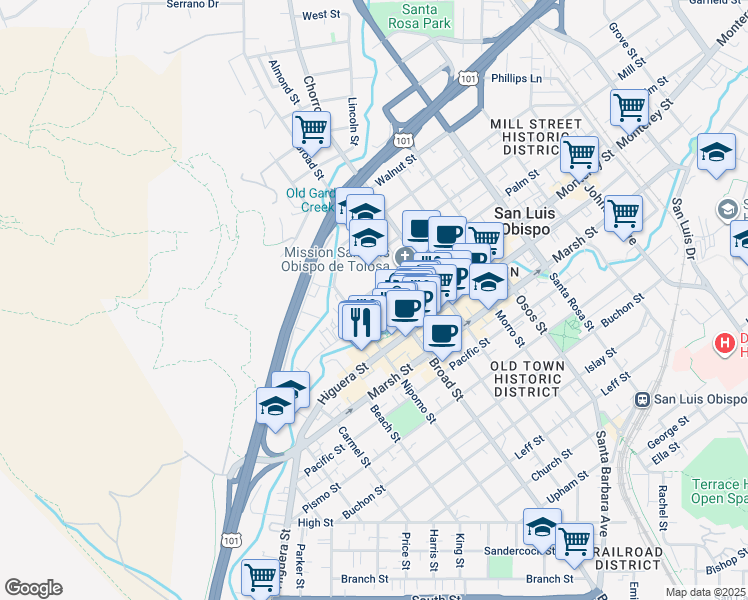 map of restaurants, bars, coffee shops, grocery stores, and more near 659 Palm Street in San Luis Obispo