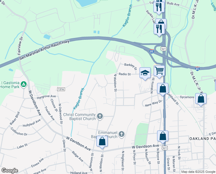 map of restaurants, bars, coffee shops, grocery stores, and more near 1001 Sims Circle in Gastonia
